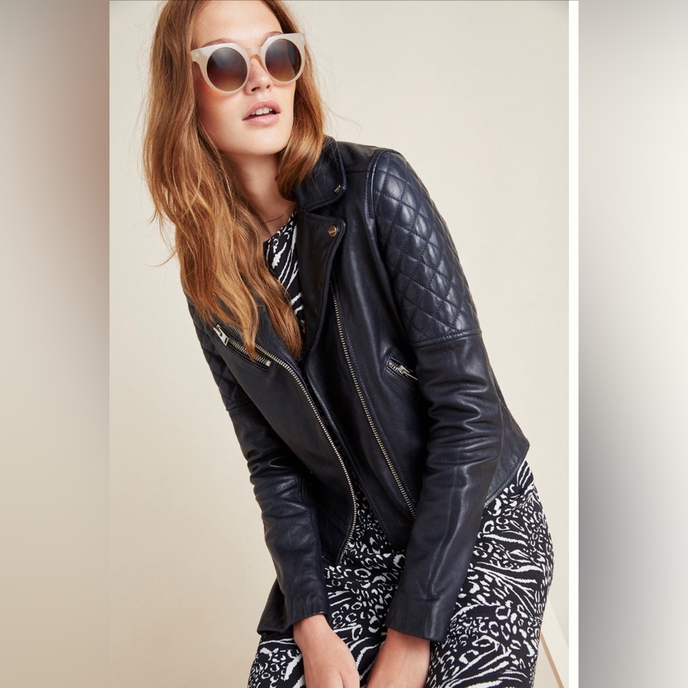 Lamarque Marilla Leather Moto Jacket XS in Navy
